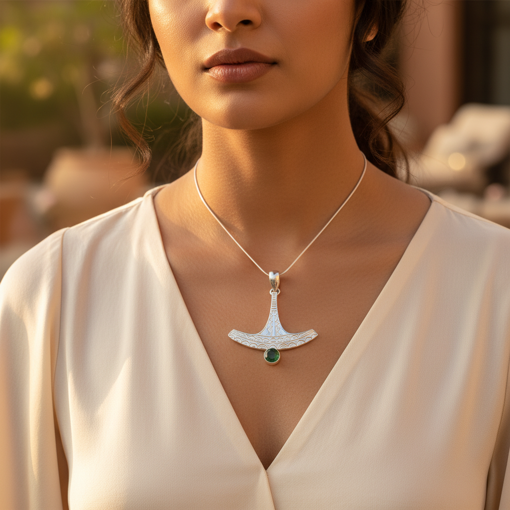 Colgante de martillo de thor en plata 925 con esmeralda | joyería vikinga