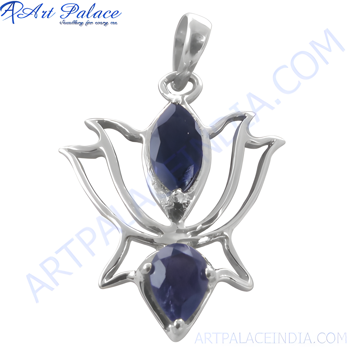 925 sterling silver lotus pendant necklace with pear shaped blue iolite gemstones