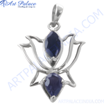 Load image into Gallery viewer, 925 sterling silver lotus pendant necklace with pear-shaped blue iolite gemstones.
