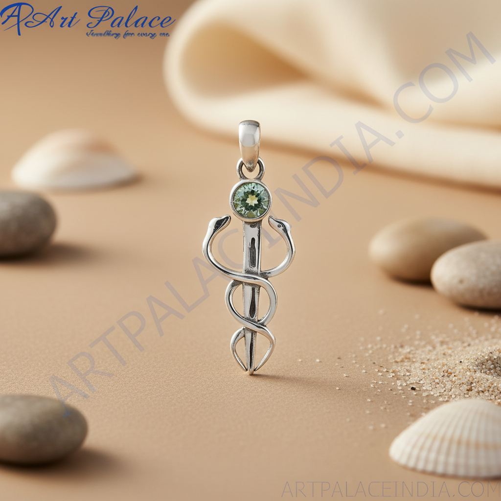 925 Silver Medical Caduceus Pendant with Green Gemstone | Gift