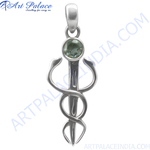 Load image into Gallery viewer, 925 sterling silver medical caduceus pendant with a green gemstone in the center
