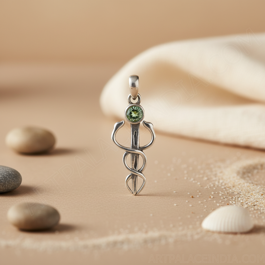 925 Silver Medical Caduceus Pendant with Green Gemstone | Gift