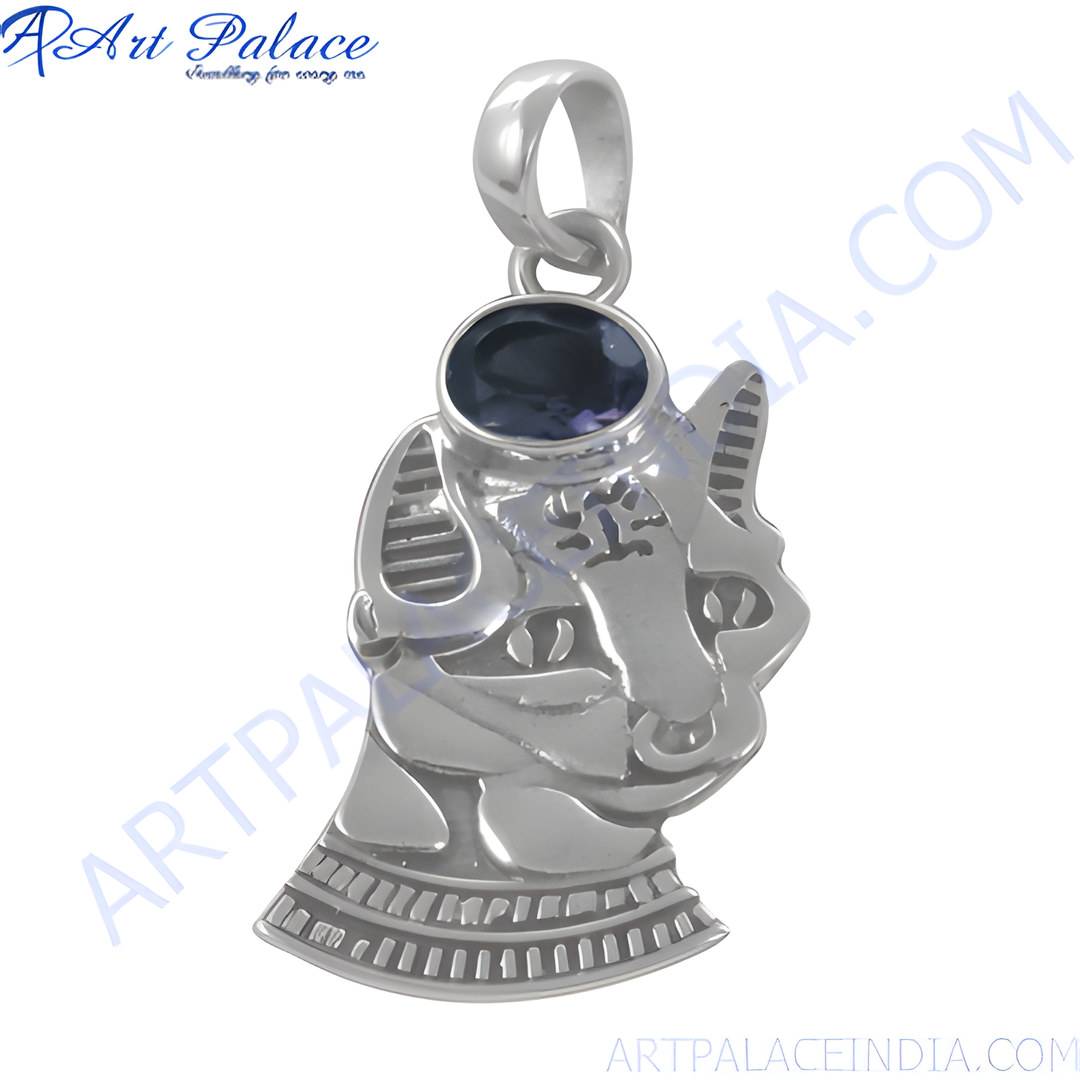 925 sterling silver Egyptian cat pendant with a blue gemstone for women.