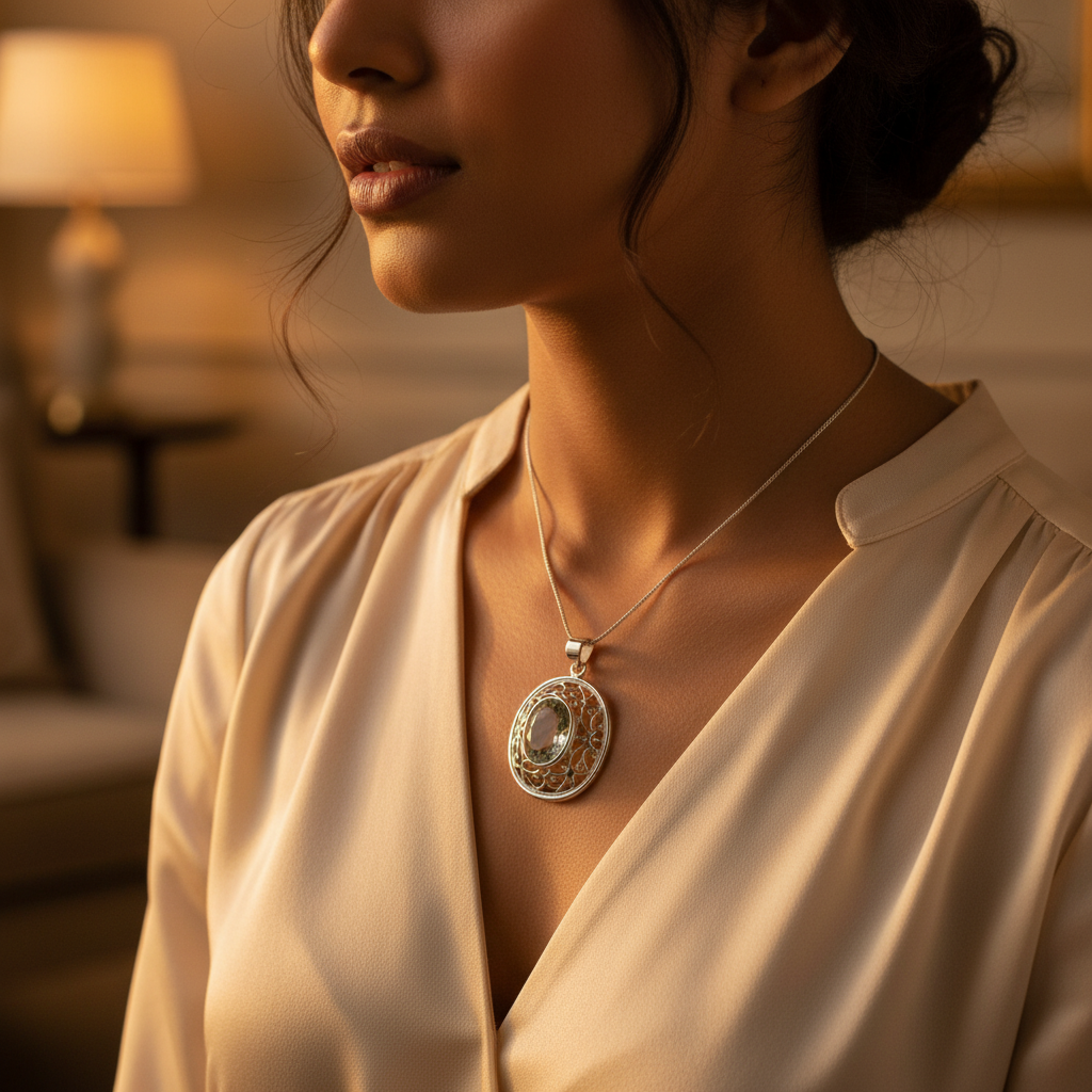 925 Silver Oval Cut Gemstone Pendant | Filigree Design