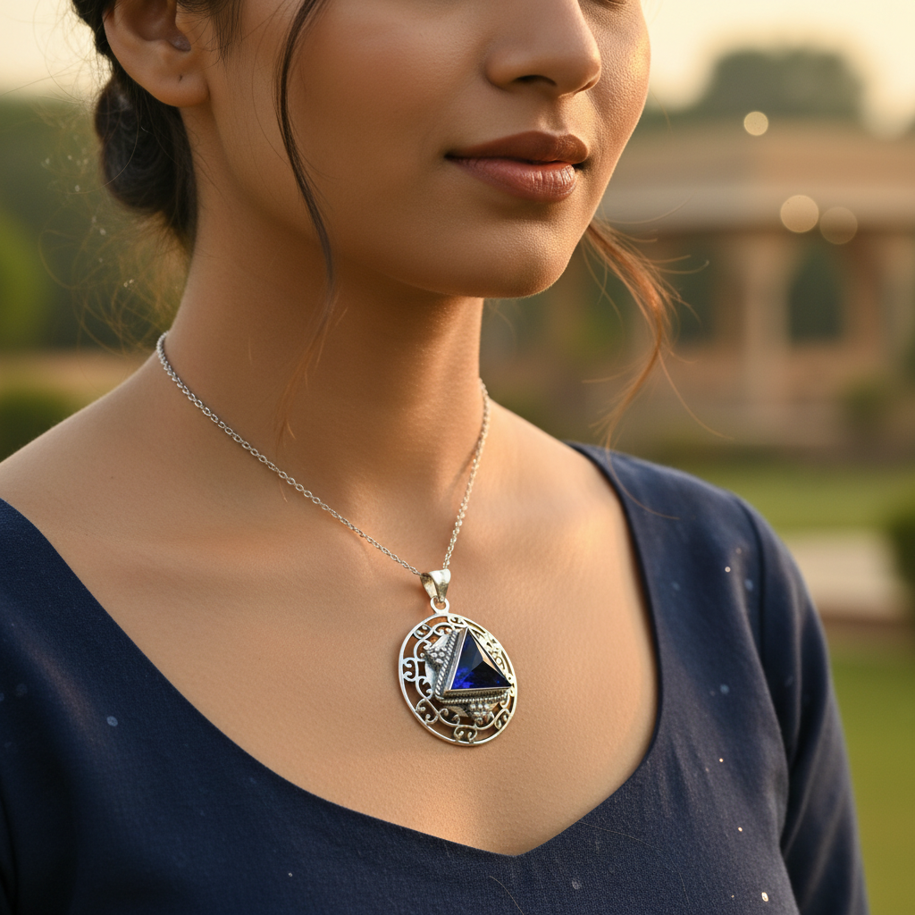 925 Silver Blue Gemstone Pendant for Women | Triangle Jewelry