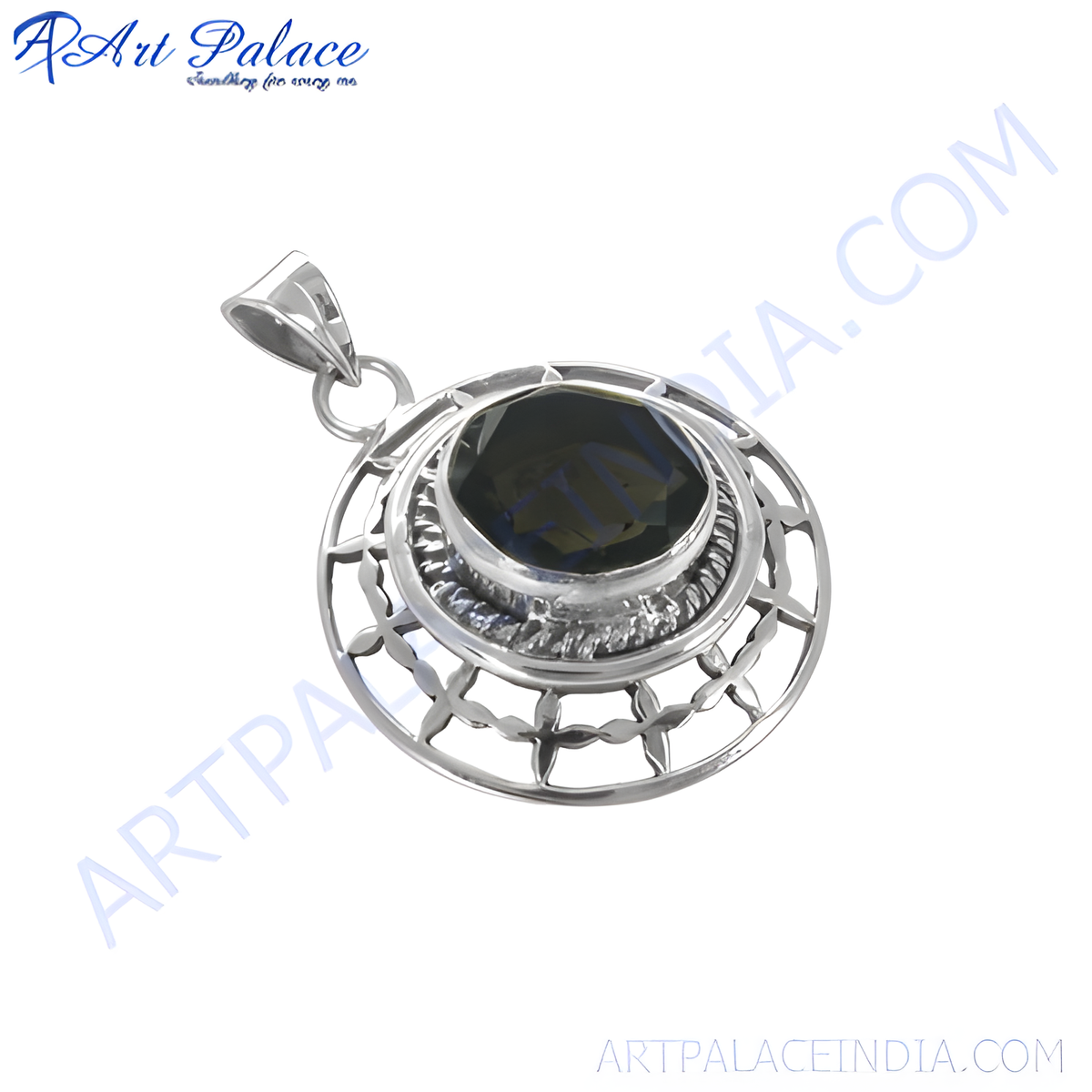 925 sterling silver round pendant with a smoky quartz gemstone center