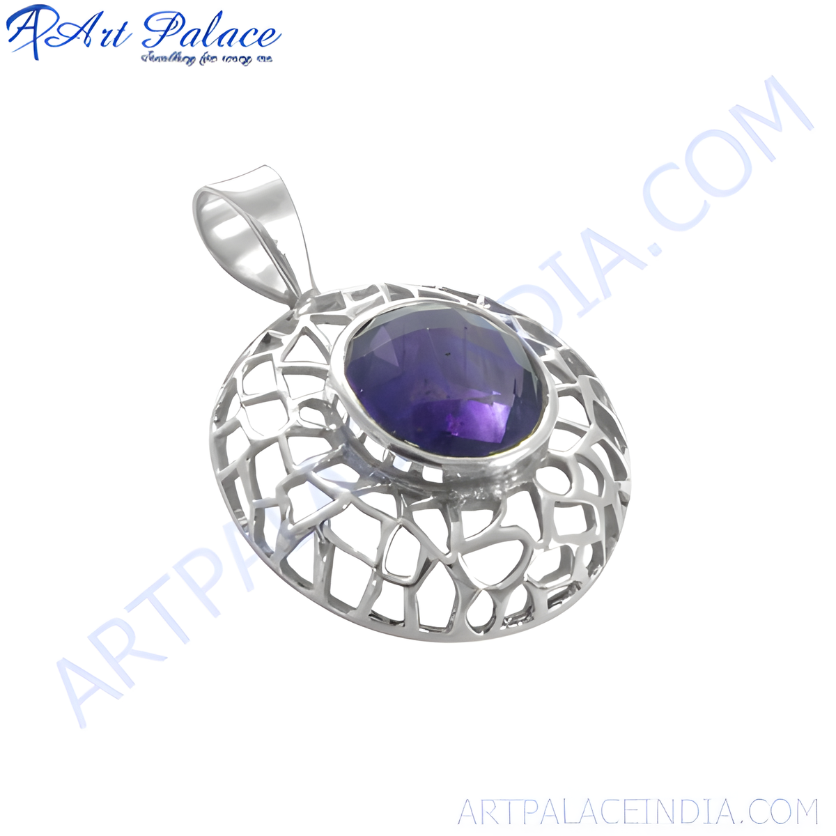 925 sterling silver amethyst pendant with a large purple gemstone, round, openwork design