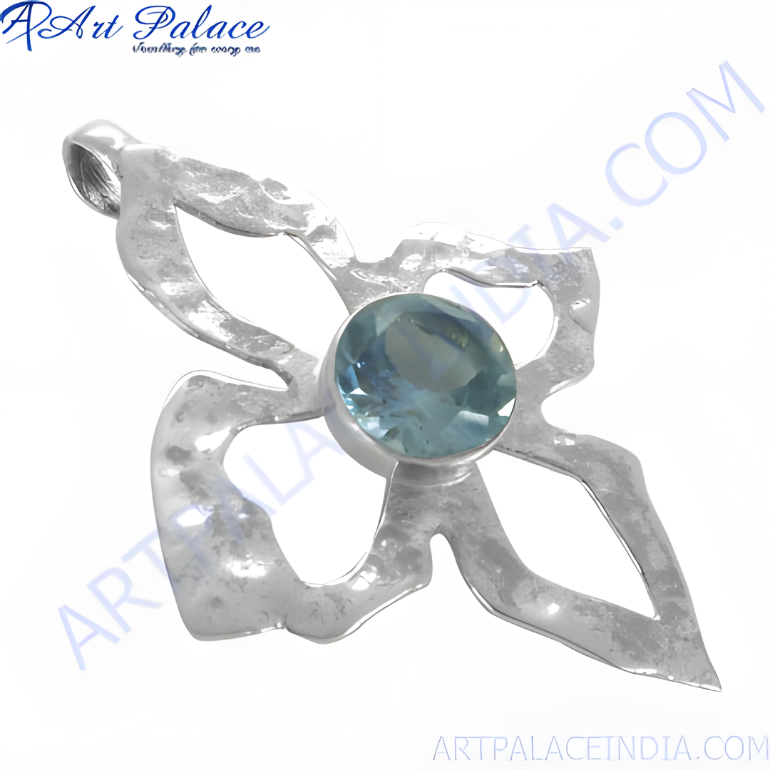 925 sterling silver pendant necklace with a round blue gemstone in a floral design