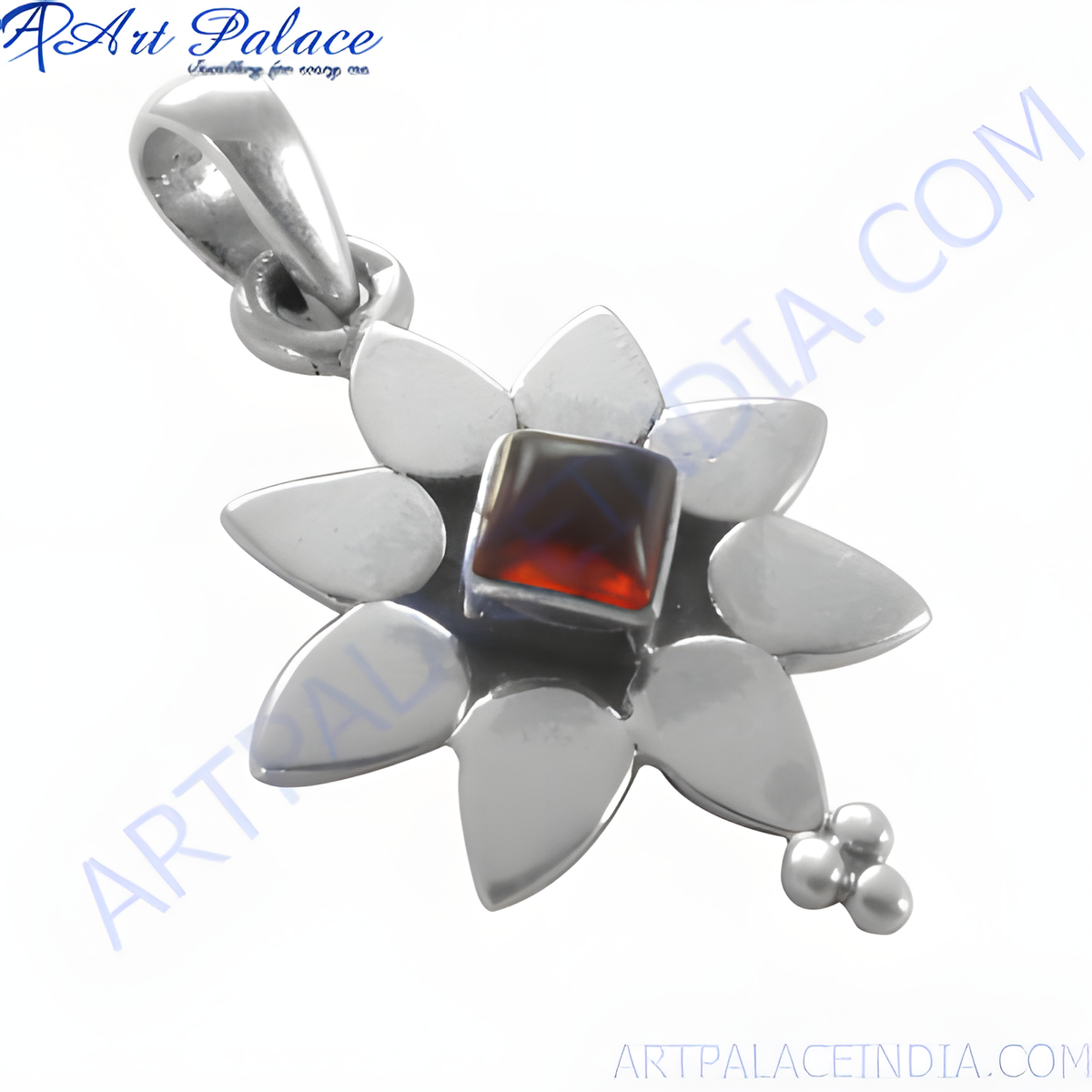 925 sterling silver flower pendant with a square cut, dark red garnet gemstone center