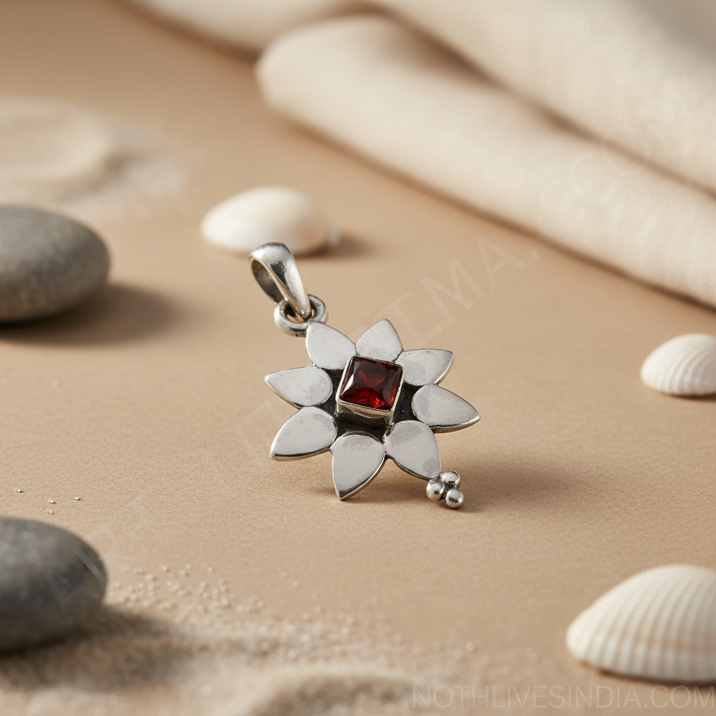 925 Silver Flower Pendant with Garnet Stone | Women's Jewelry