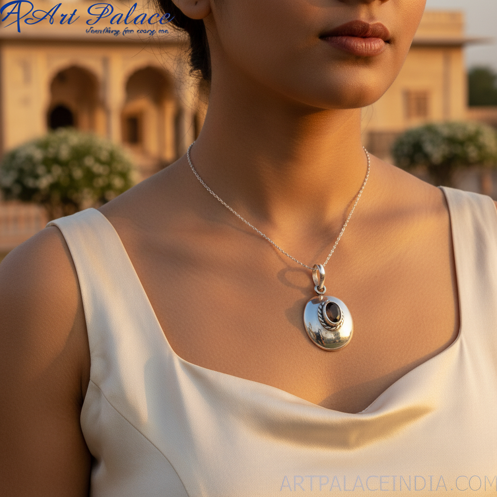 925 Silver Black Gemstone Pendant Necklace for Women