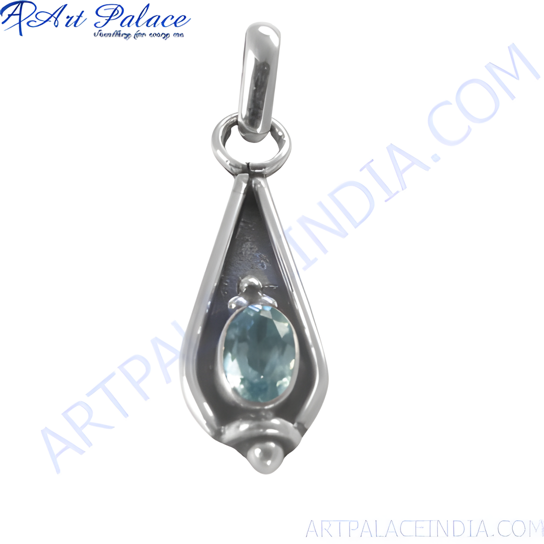 925 sterling silver teardrop pendant with a blue oval gemstone in the center