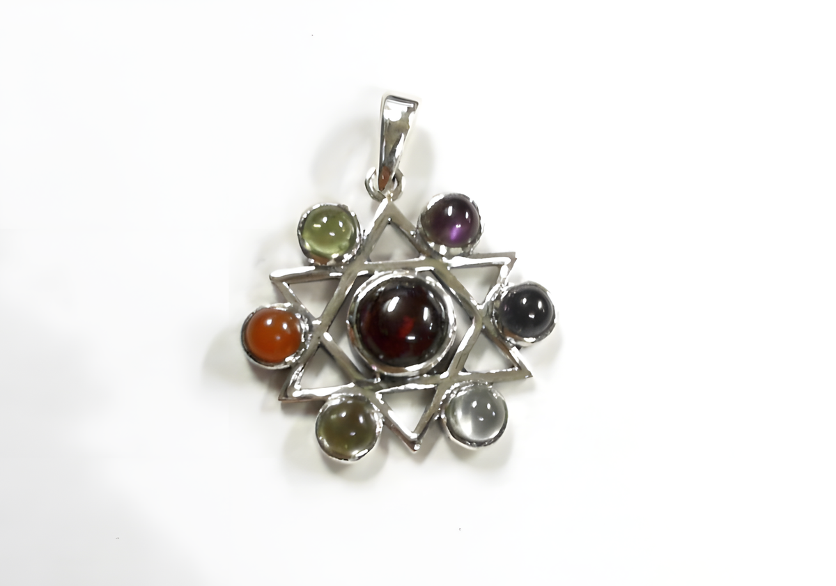 Sterling silver chakra pendant necklace with seven colorful gemstones, spiritual jewelry