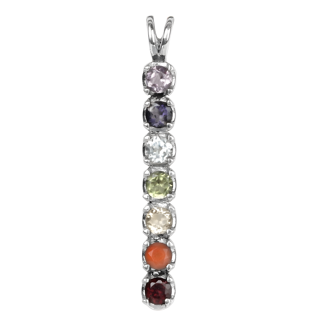 Sterling silver chakra pendant necklace featuring seven colorful gemstones.