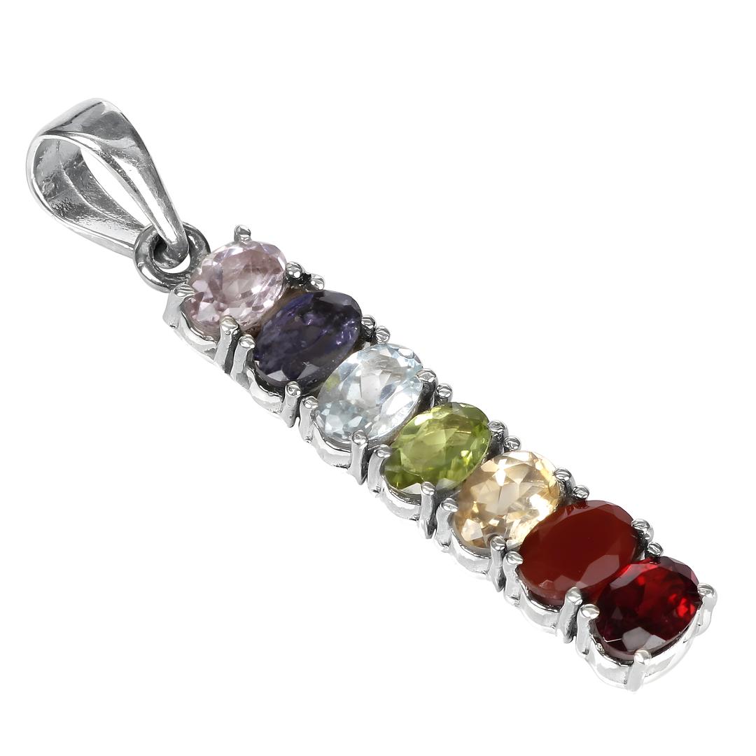Sterling silver chakra gemstone pendant with various colored oval cut gemstones