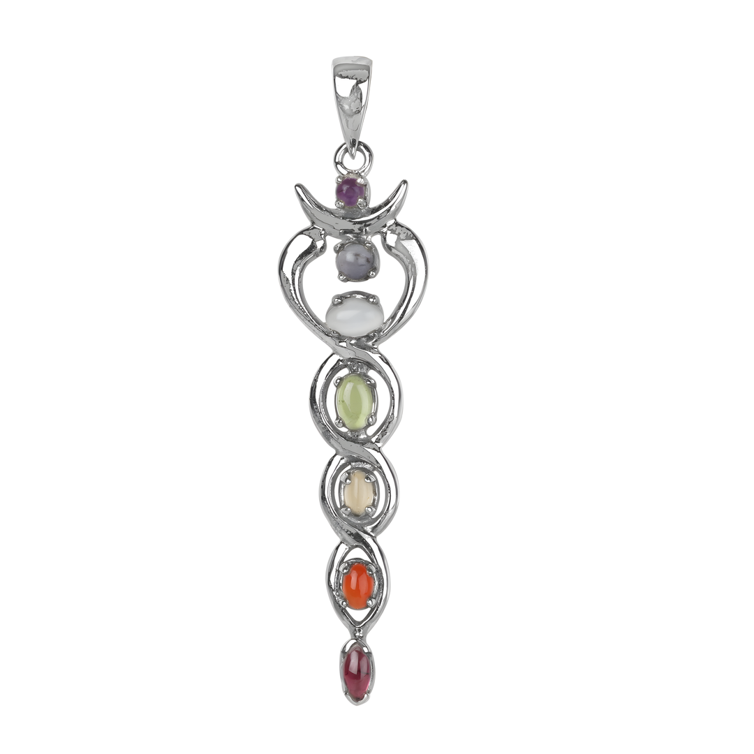 925 sterling silver chakra pendant necklace featuring colorful gemstones.