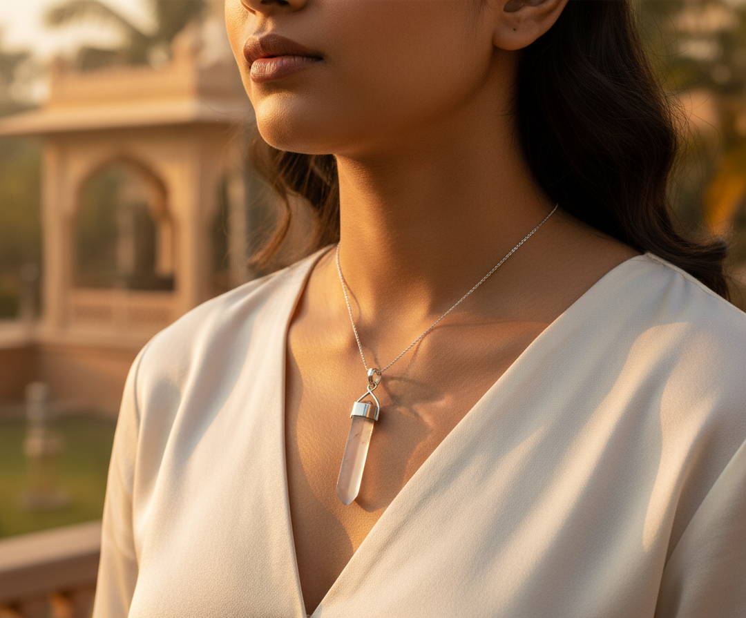 Colgante de cristal de cuarzo transparente plateado para mujer | Joyería con piedras preciosas