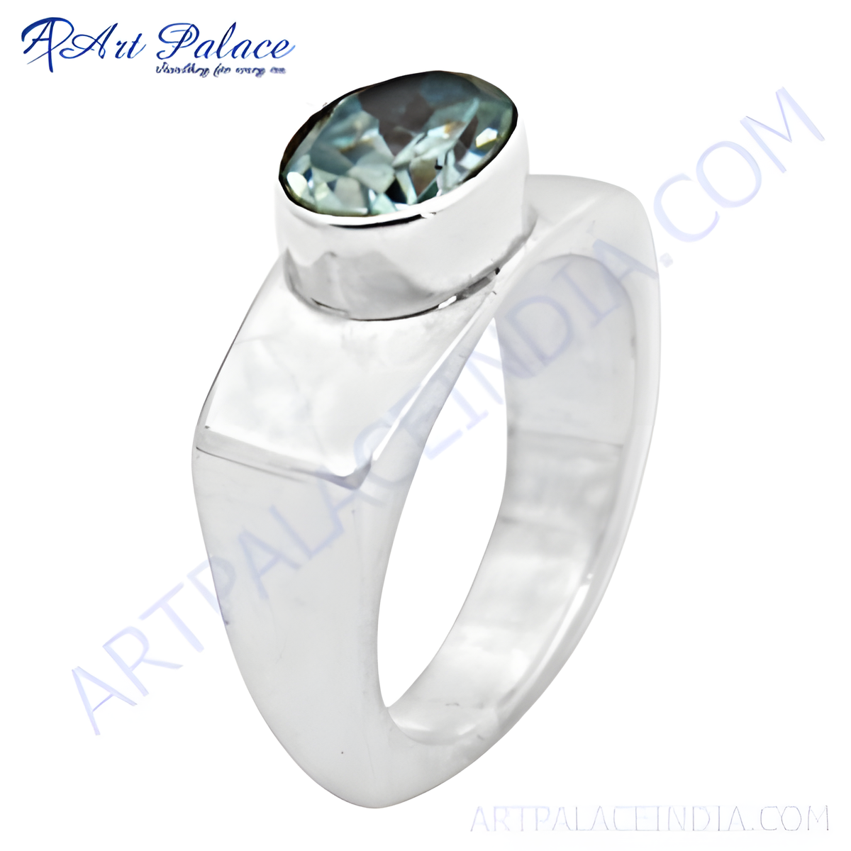 Sterling silver ring with a large blue oval gemstone, perfect for women's fashion and statement jewelry