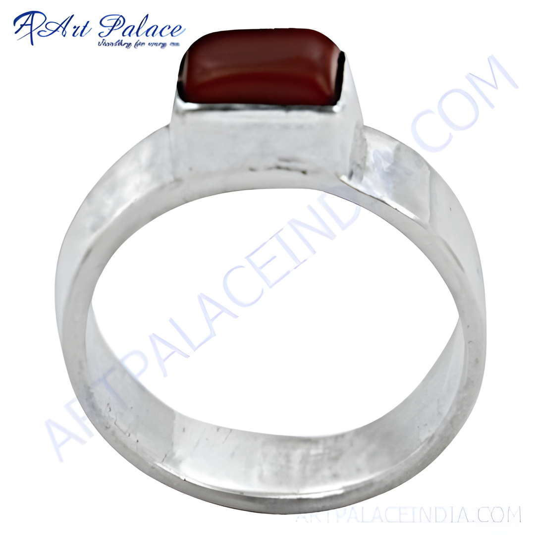 Sterling silver men's ring featuring a rectangular red gemstone, perfect for daily wear.