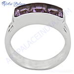 Load image into Gallery viewer, Sterling silver ring with three rectangular amethyst gemstones.
