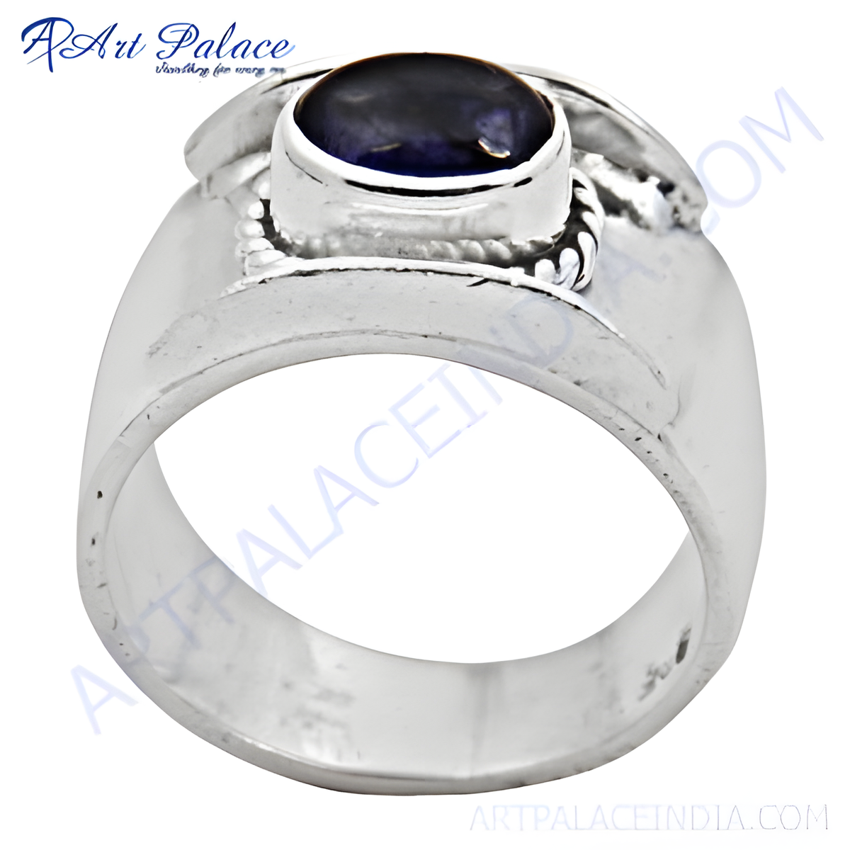 Sterling silver ring with a large oval shaped blue gemstone