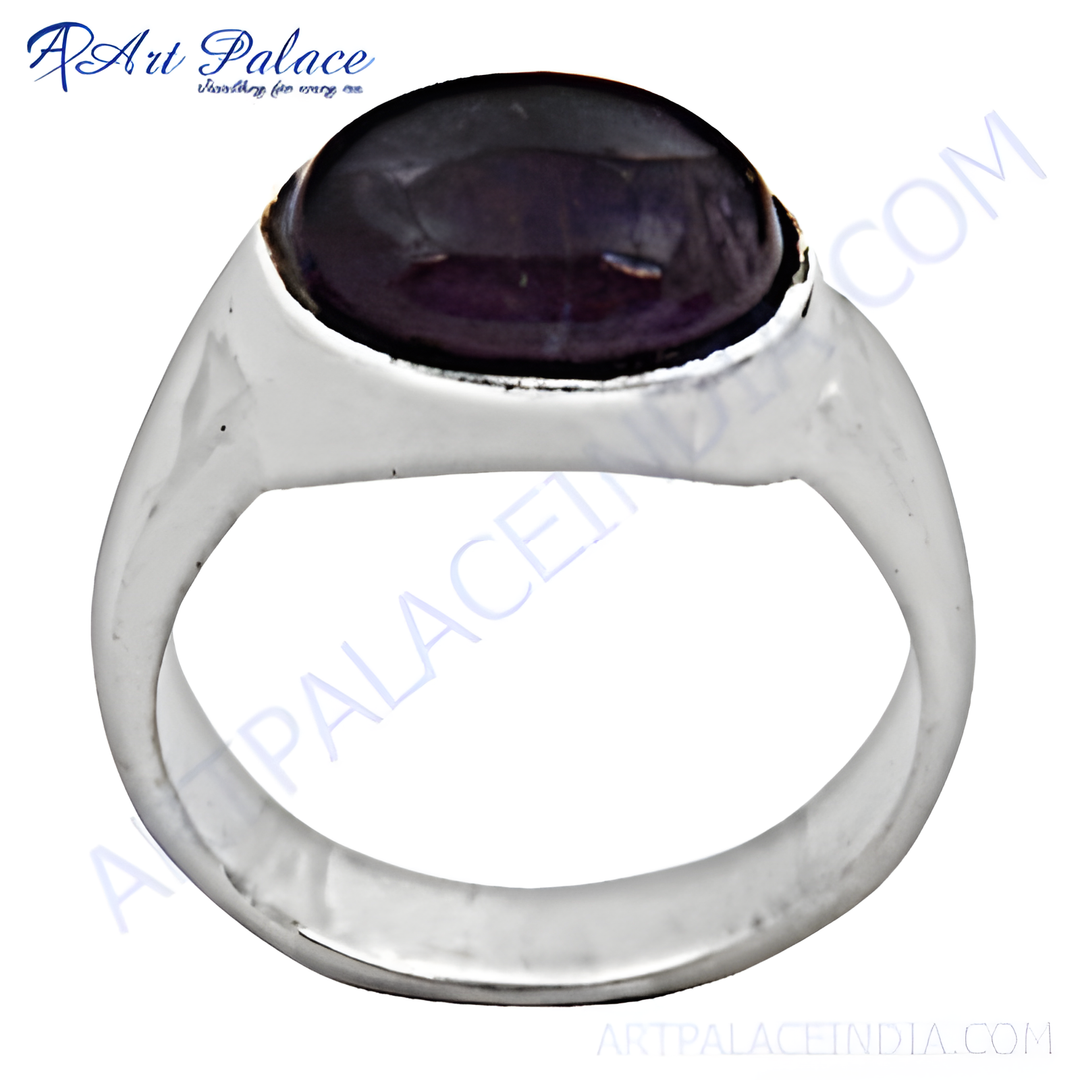 Sterling silver men's signet ring with a large oval-shaped dark purple amethyst gemstone.