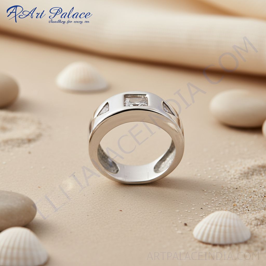 Silver Princess Cut Ring with Side Stones | For Women