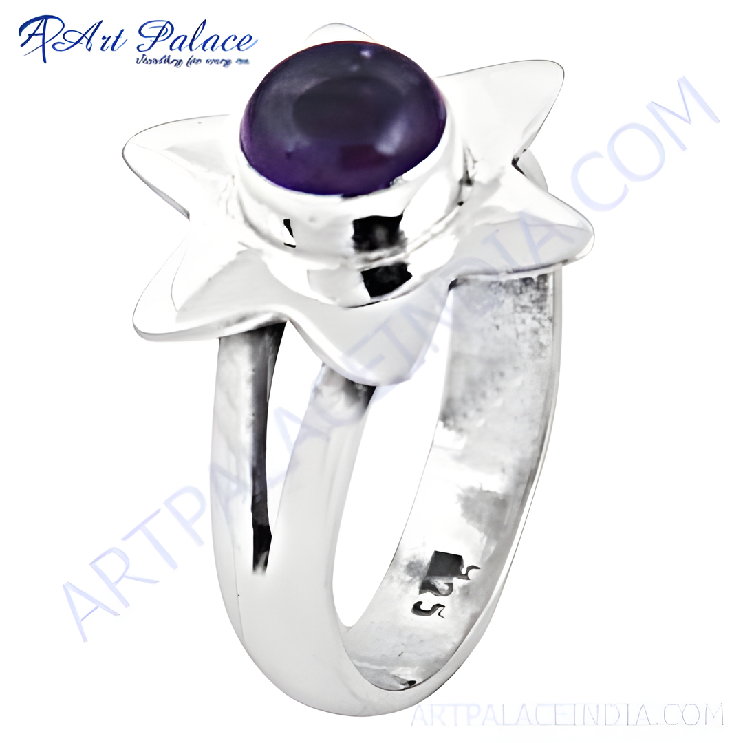 925 sterling silver amethyst flower ring with a round, deep purple gemstone center