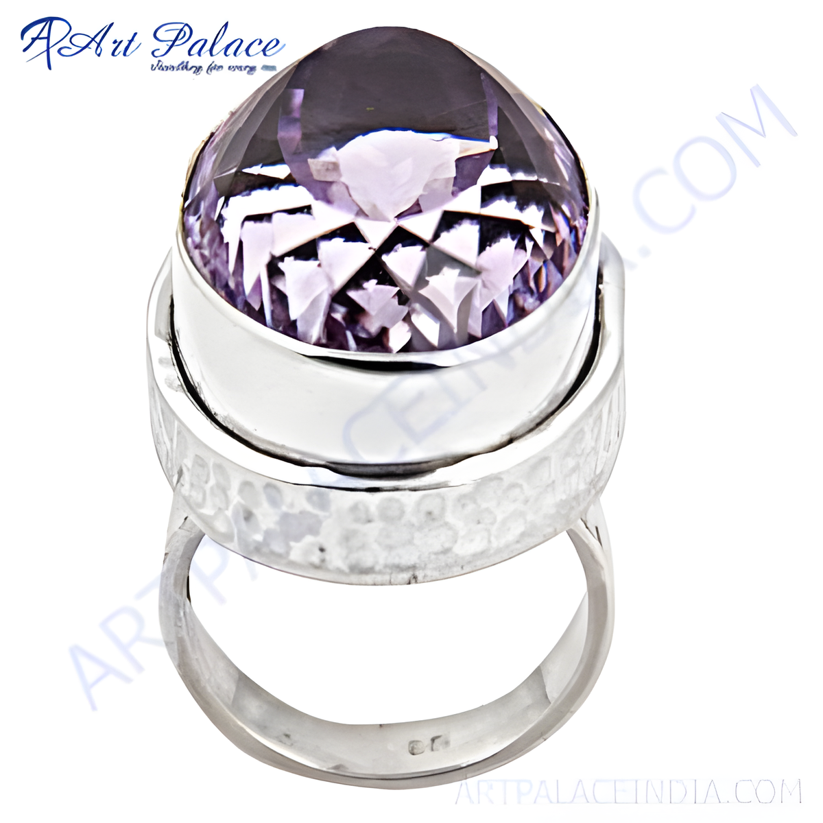 Sterling silver ring with a large, faceted purple amethyst gemstone