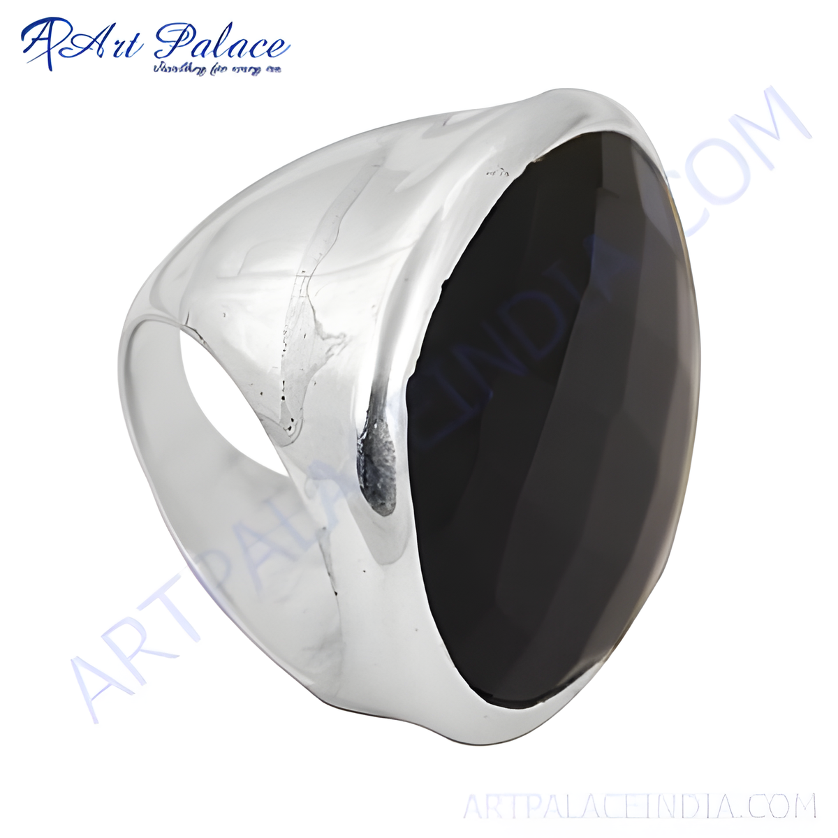 Silver mens signet ring with a large, polished black onyx gemstone, perfect for men's fashion