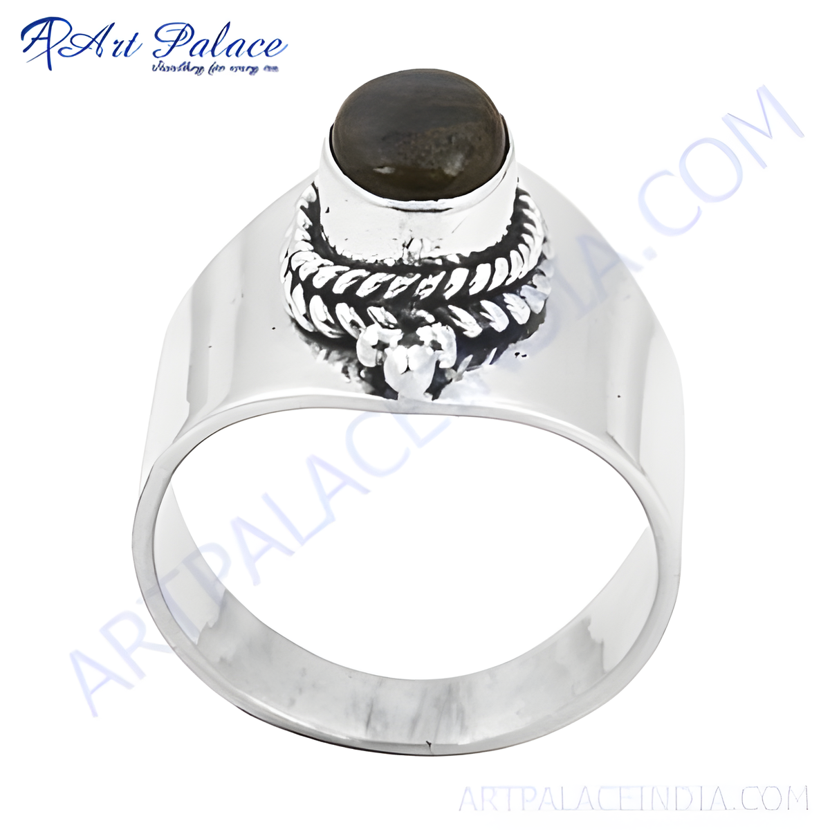 Sterling silver ring with a dark gemstone, showcasing a polished and elegant design