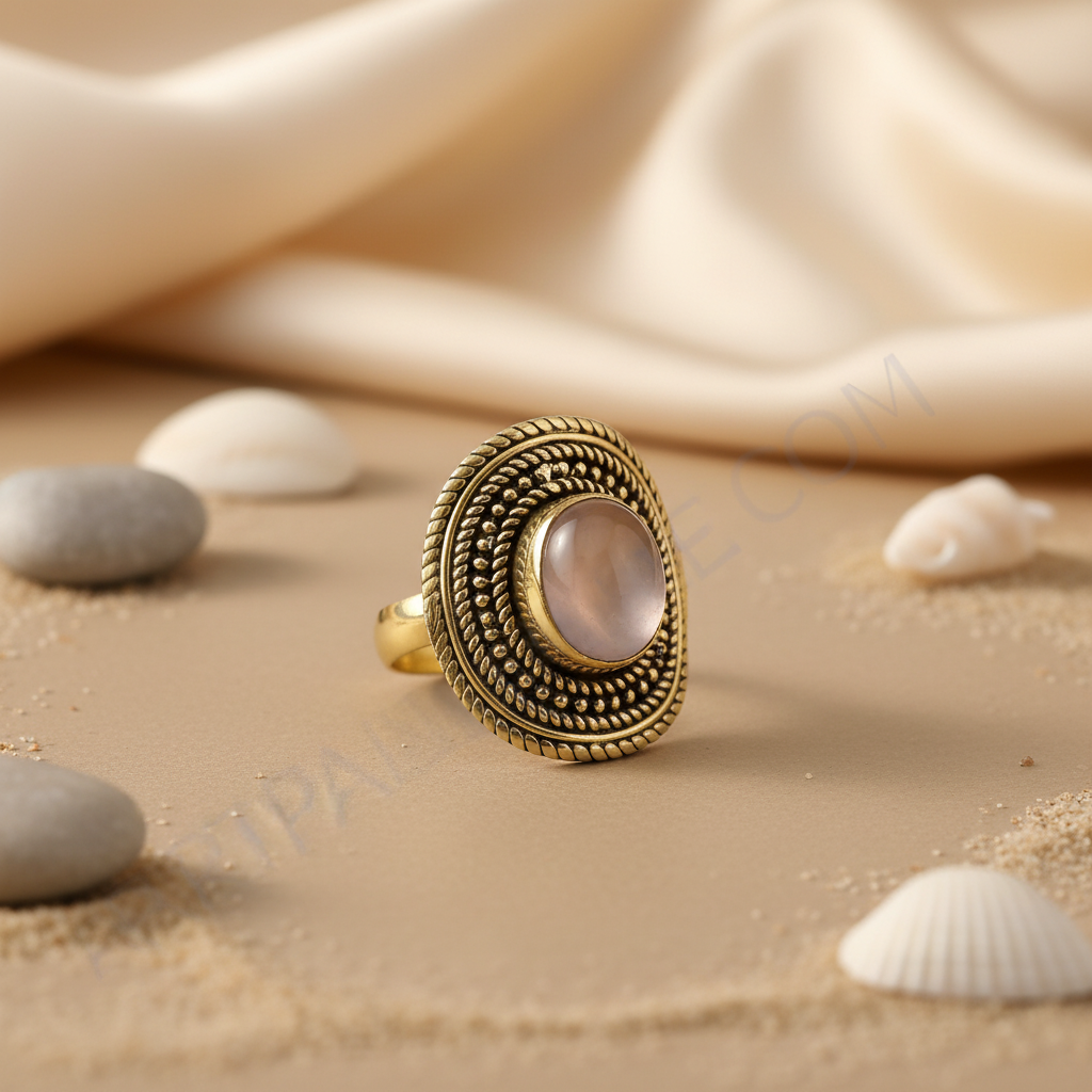 Anillo de latón con cuarzo rosa para mujer | Joyas con piedras preciosas
