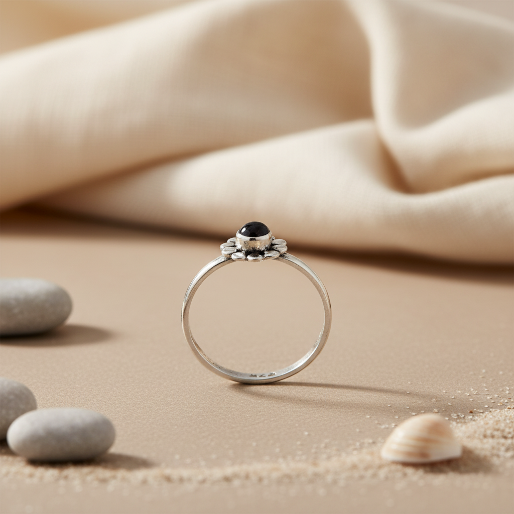 925 Silver Black Onyx Flower Ring for Women | Daily Wear Gift