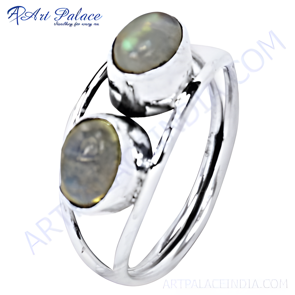 Sterling silver ring with two oval shaped gemstones, silver colored band, jewelry for women, elegant design, bright