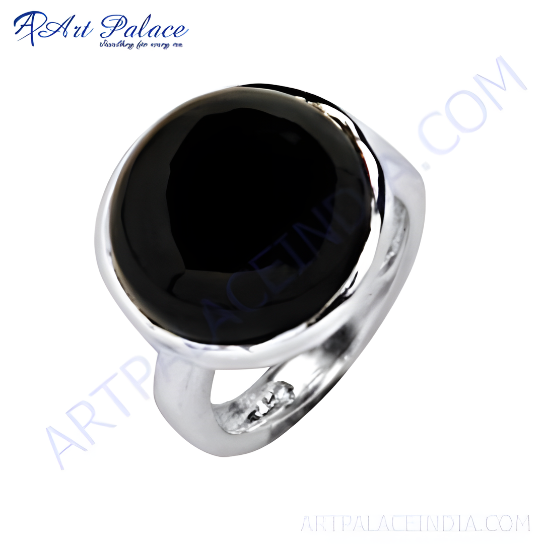 Sterling silver ring with a large, polished black onyx gemstone. A statement piece for women.