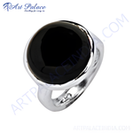 Load image into Gallery viewer, Sterling silver ring with a large, polished black onyx gemstone. A statement piece for women.
