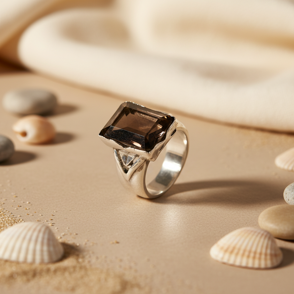 Anillo de cuarzo ahumado en plata 925 | piedra cuadrada | joyería para mujer