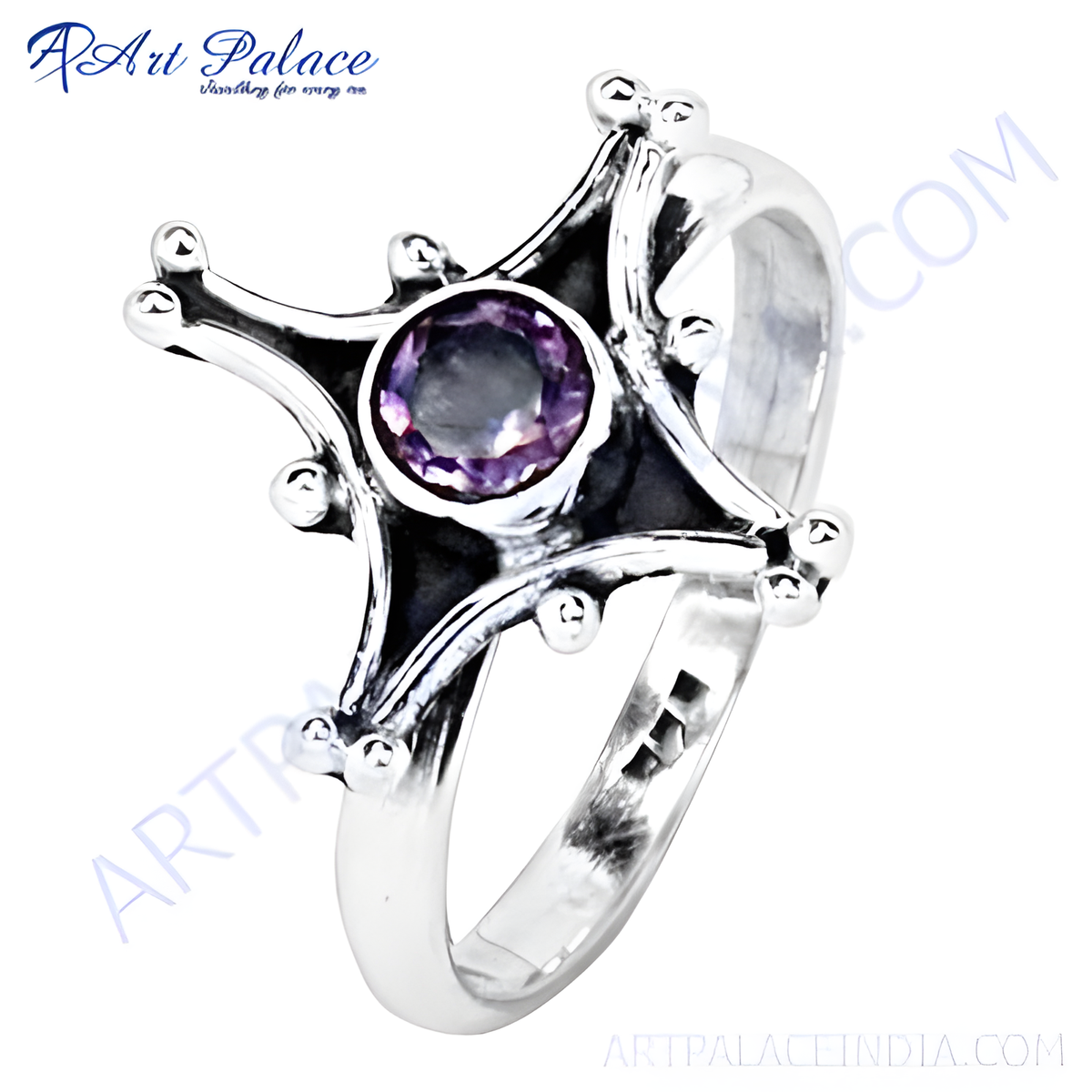 925 sterling silver ring with a round purple amethyst gemstone in the center, unique jewelry design