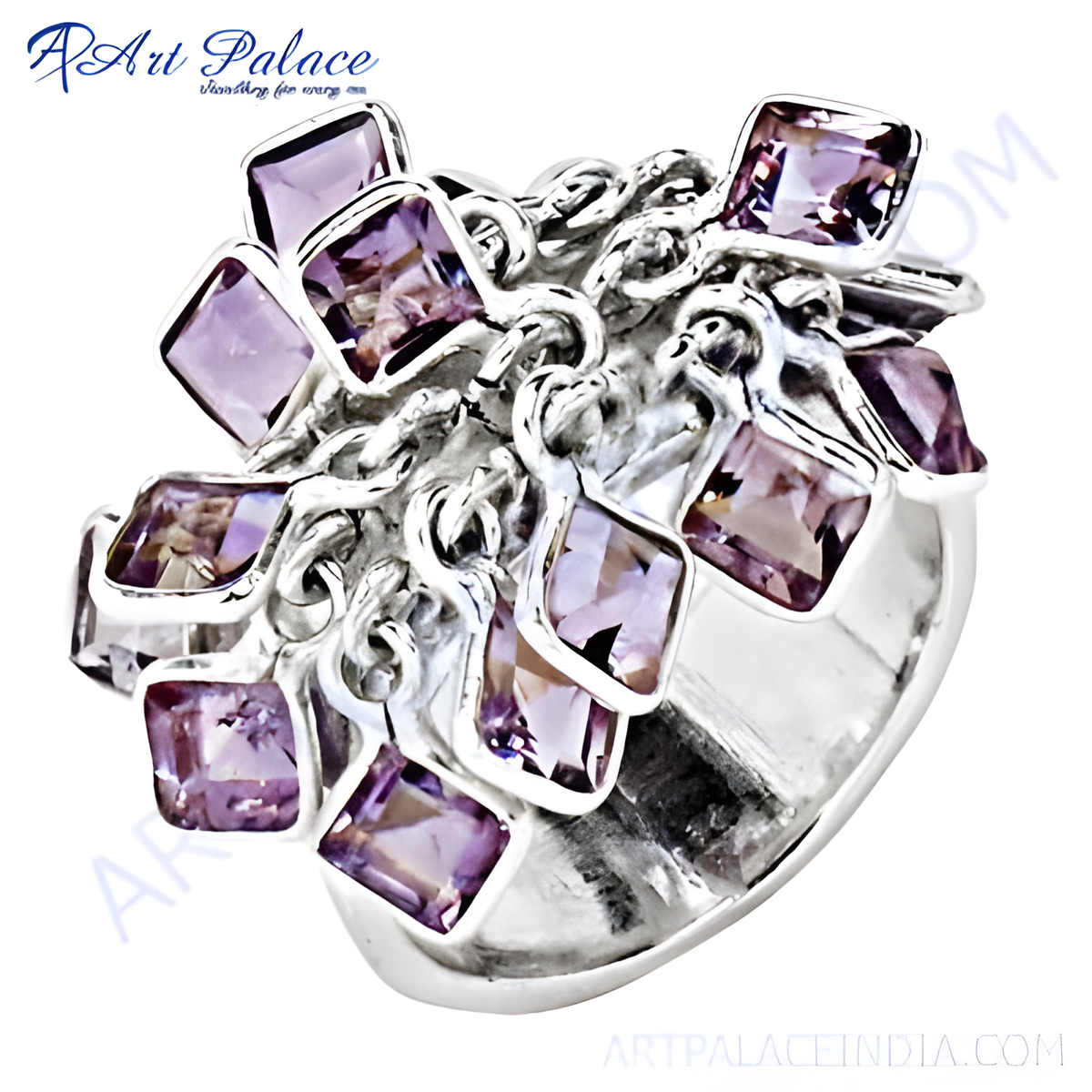 Sterling silver cluster ring with square cut purple amethyst gemstones, a striking piece of gemstone jewelry