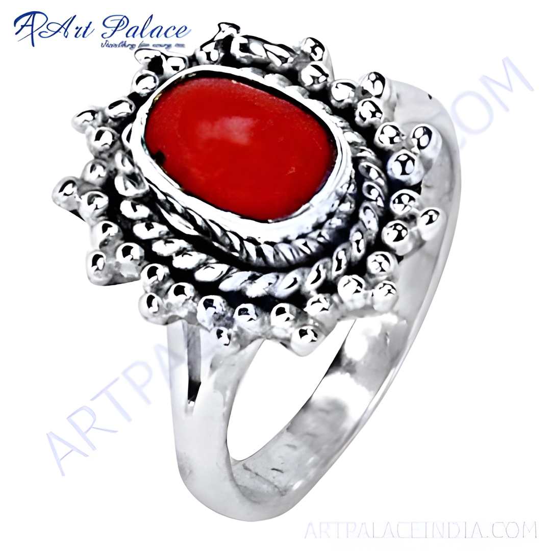 925 sterling silver ring with a vibrant red coral gemstone, a stunning piece of jewelry for women.