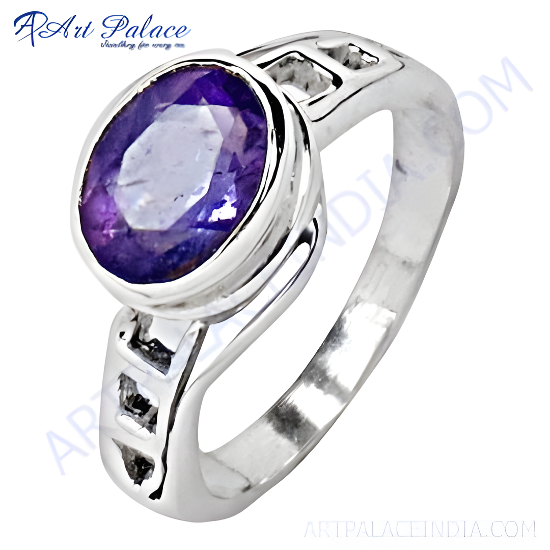 925 sterling silver ring with oval purple amethyst gemstone. Women's ring design.