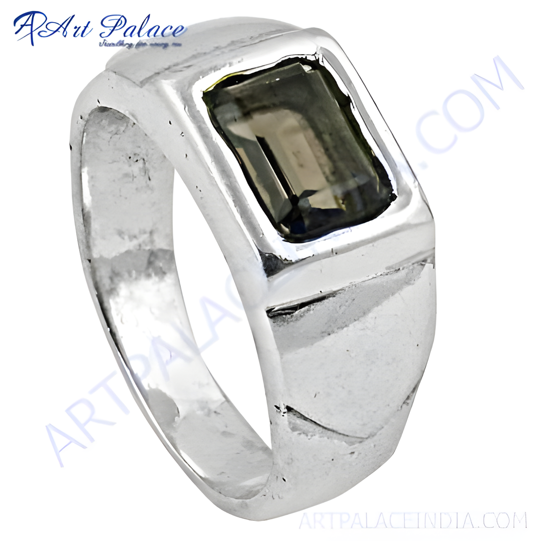 Sterling silver men's ring with a rectangular, smoky quartz gemstone, showcasing a dark, earthy color.