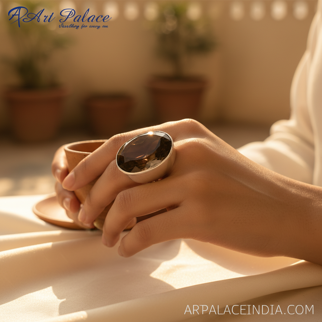 Smoky Quartz Oval Ring in 925 Silver | Statement Jewelry