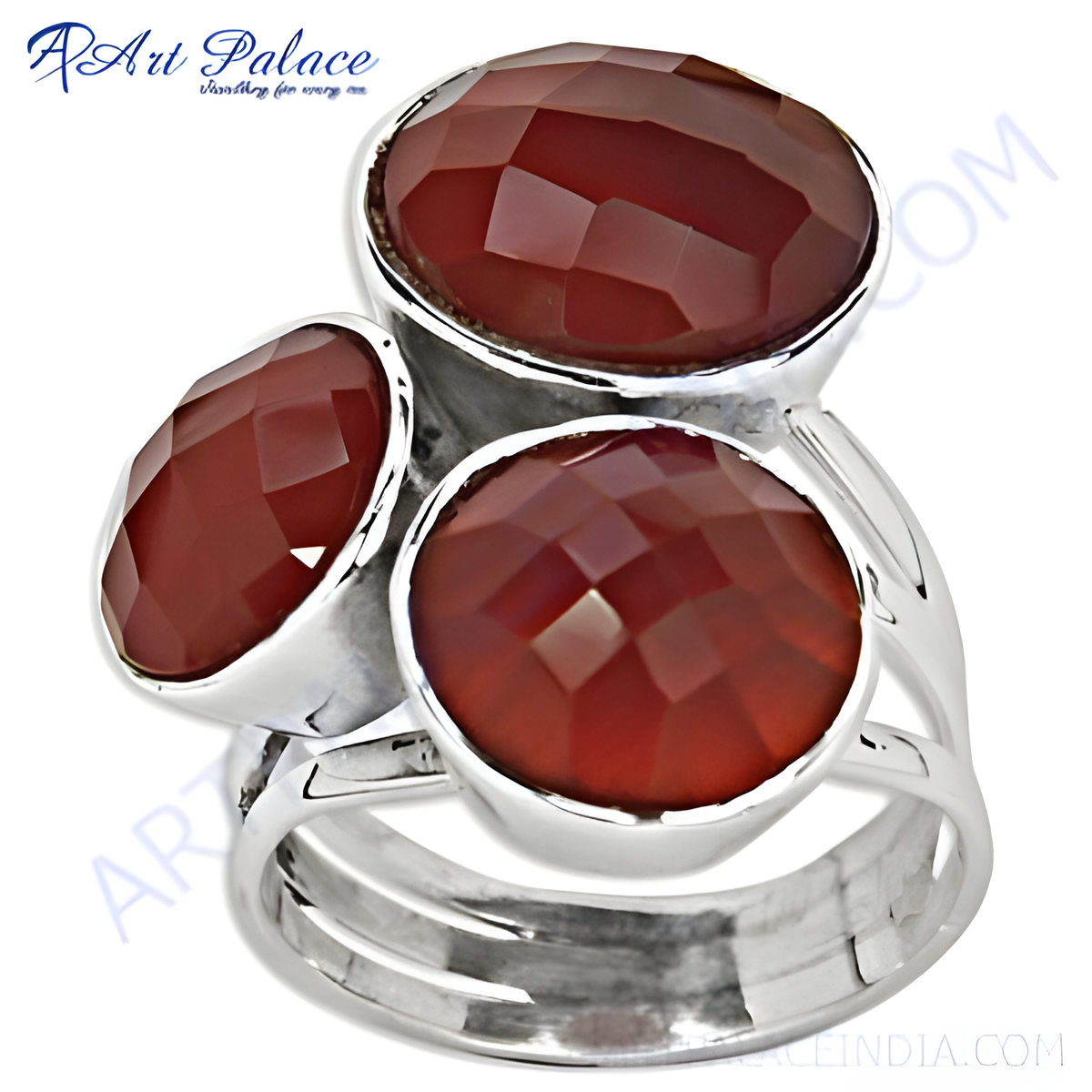 925 sterling silver statement ring with three faceted red orange carnelian gemstones
