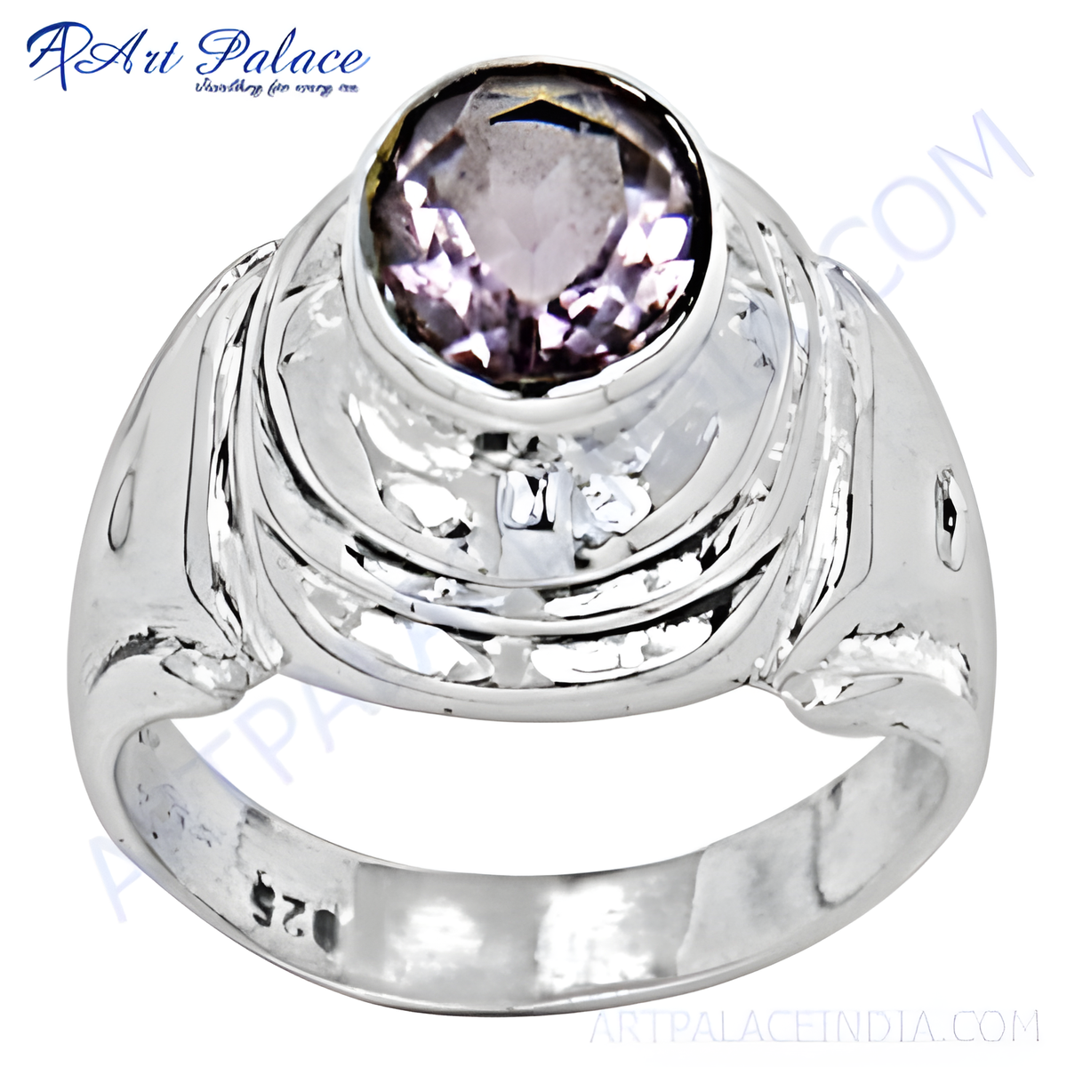 925 sterling silver ring with a round purple amethyst gemstone