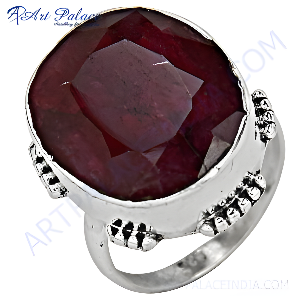 925 sterling silver ruby ring with a large, faceted red gemstone