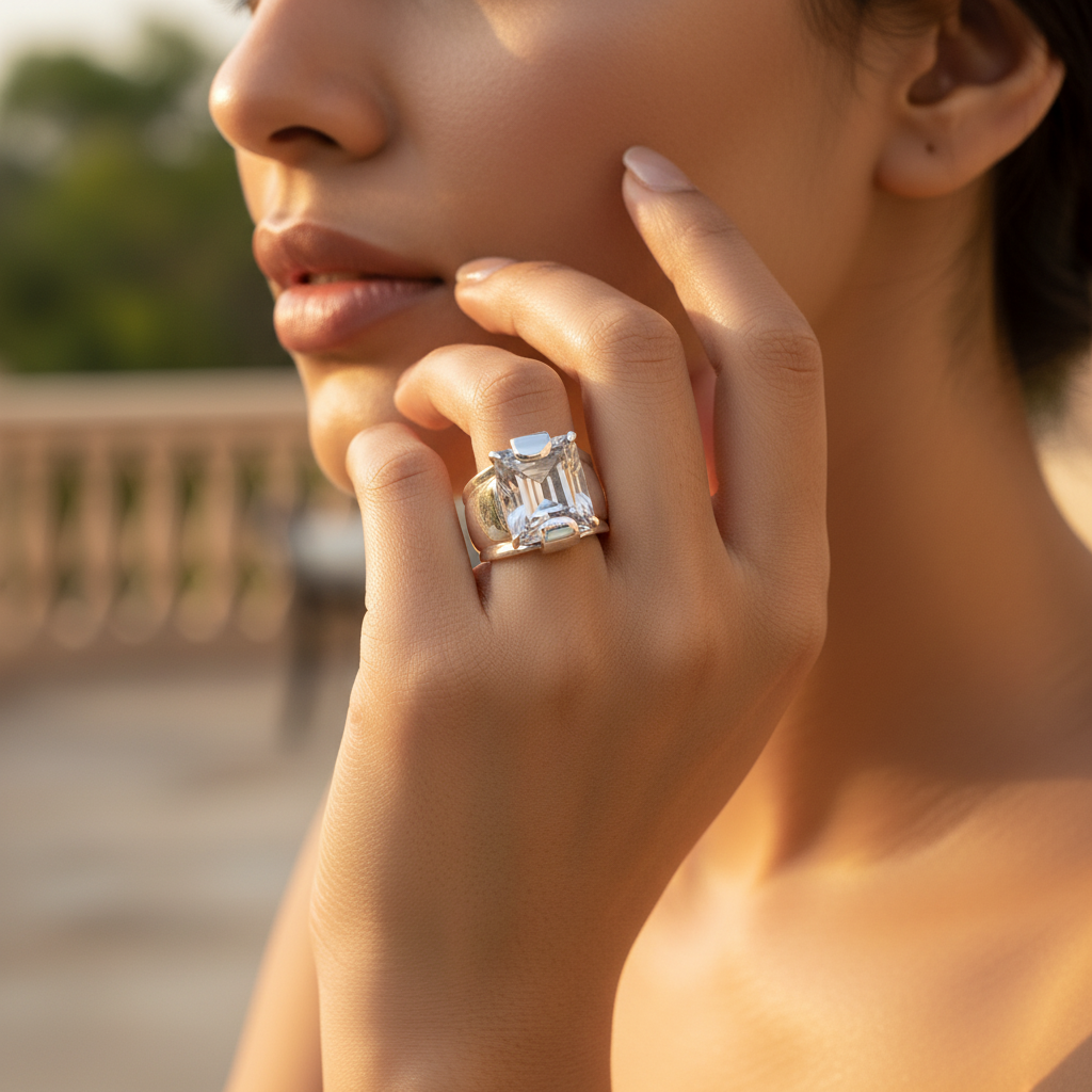 Anillo de plata con circonita cúbica de talla esmeralda para mujer | Regalo