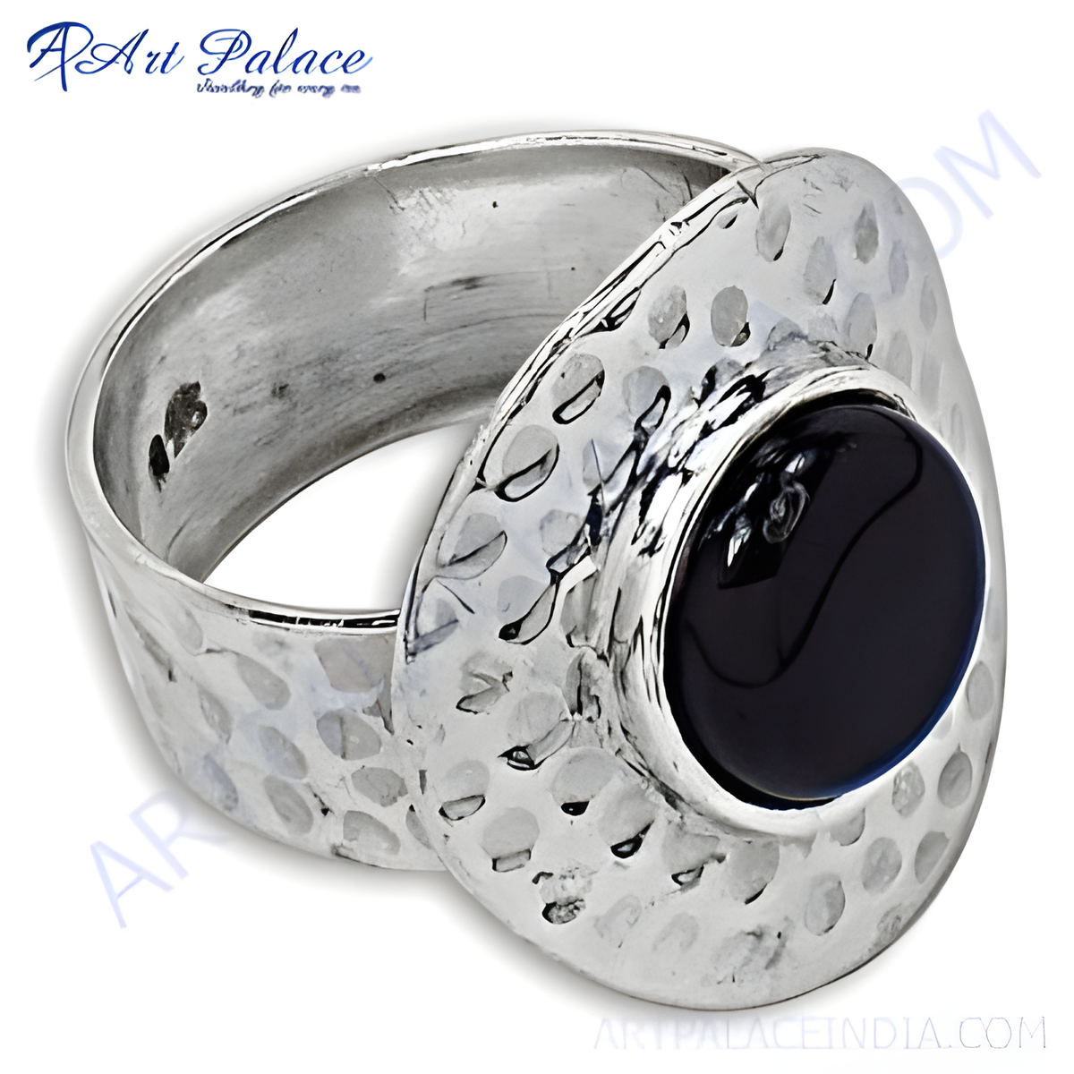 Hammered sterling silver ring with a large, polished black onyx gemstone center, perfect for women's fashion jewelry