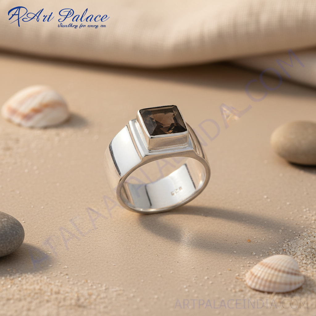 925 Silver Smoky Quartz Ring | Men's Square Stone Ring