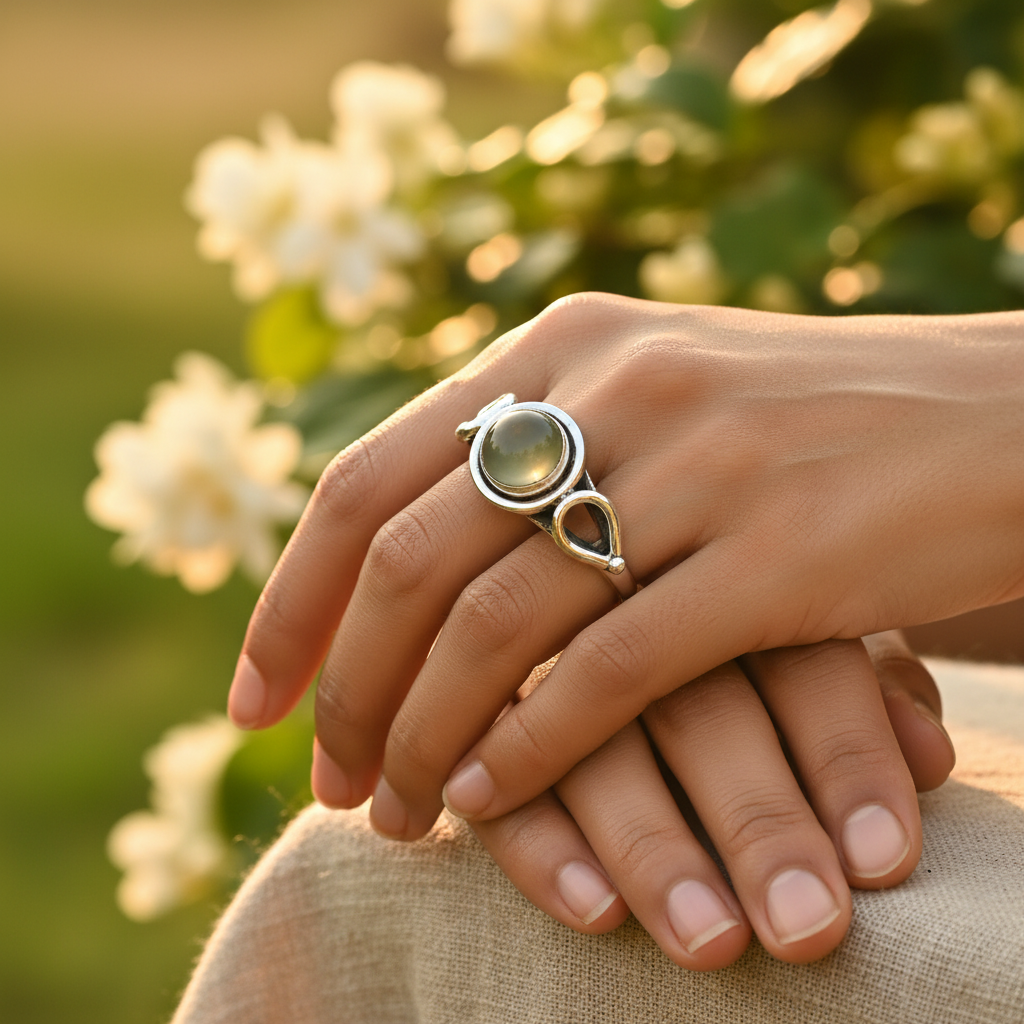 Silver Ring with Green Gemstone for Women | Statement Ring